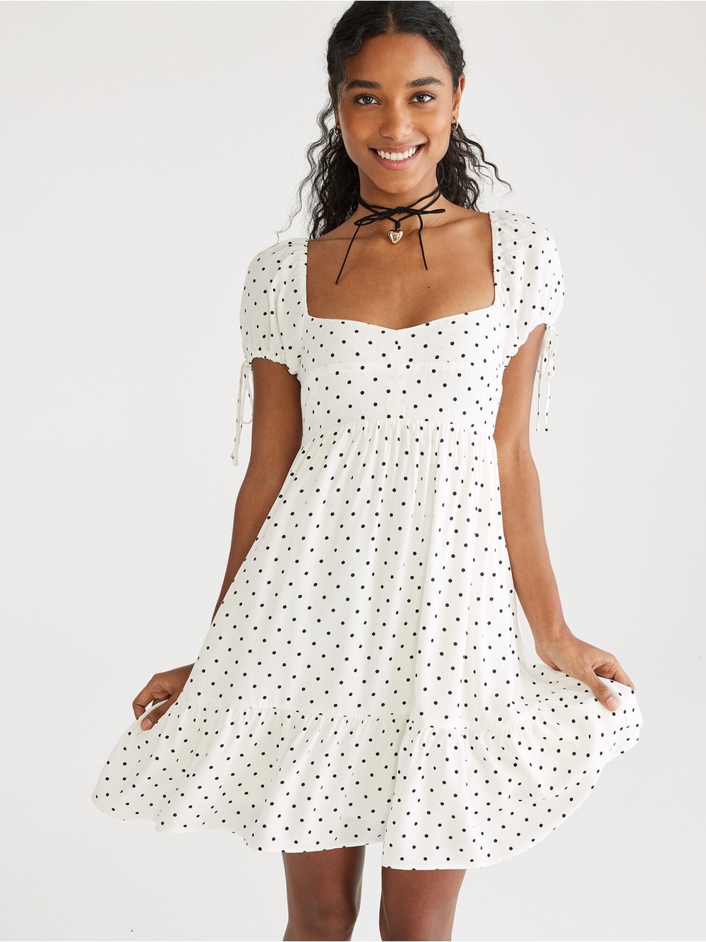 Aeropostale White Mini Dress with Black Polka Dots and Smocked Bodice